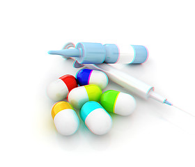 Image showing Syringe, tablet, pill jar. 3D illustration. Anaglyph. View with 