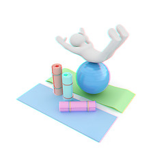 Image showing 3d man on a karemat with fitness ball. 3D illustration. Anaglyph