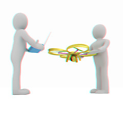 Image showing 3d man with drone, quadrocopter, with photo camera. 3d render. 3