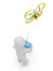 Image showing 3d man with drone, quadrocopter, with photo camera. 3d render. 3