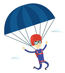 Image showing Young happy man flying with parachute.