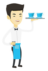 Image showing Waiter holding tray with cups of coffeee or tea.