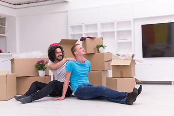 Image showing young  gay couple moving  in new house