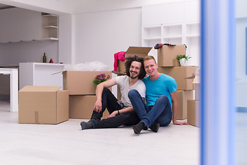 Image showing young  gay couple moving  in new house