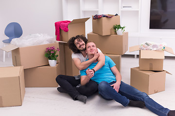 Image showing young  gay couple moving  in new house