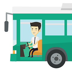 Image showing Asian bus driver sitting at steering wheel.