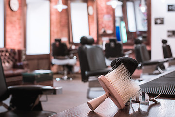 Image showing Barber shop equipment on wooden background.