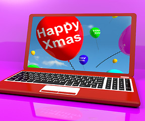 Image showing Red Balloons With Happy Xmas On Computer For Online Greetings