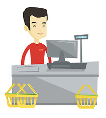 Image showing Cashier standing at the checkout in supermarket.