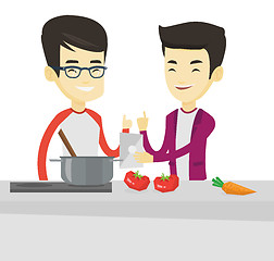 Image showing Men cooking healthy vegetable meal.