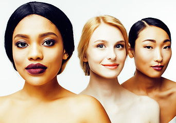 Image showing three different nation woman: asian, african-american, caucasian together isolated on white background happy smiling, diverse type on skin, lifestyle people concept