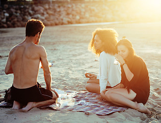 Image showing pretty diverse nation and age friends on sea coast having fun, lifestyle people concept on beach vacations close up