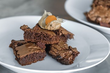 Image showing Freshly baked brownies on the plate