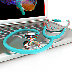 Image showing Laptop, brain and Stethoscope. 3d illustration. Anaglyph. View w