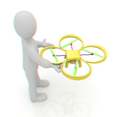 Image showing 3d man with drone, quadrocopter, with photo camera. 3d render. 3