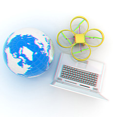 Image showing Drone or quadrocopter with camera with laptop. Network, online, 