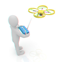 Image showing 3d man with drone, quadrocopter, with photo camera. 3d render. 3