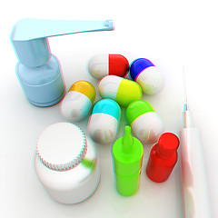 Image showing Syringe, tablet, pill jar. 3D illustration. Anaglyph. View with 