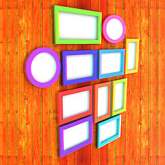Image showing Mock up picture frames on wood wall. 3d illustration. Anaglyph. 