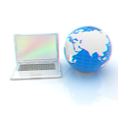 Image showing Laptop and Earth. 3d illustration. Anaglyph. View with red/cyan 