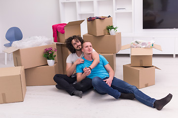 Image showing young  gay couple moving  in new house