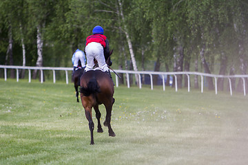 Image showing Race horses and jockeys during a race