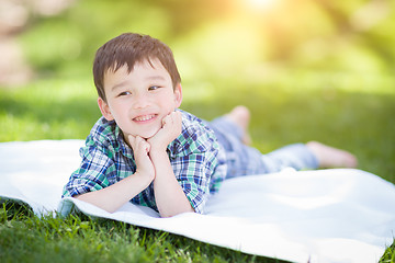 Image showing Mixed Race Chinese and Caucasian Young Boy Relaxing Outside On T