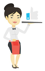 Image showing Waitress with like button vector illustration.