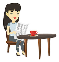 Image showing Woman reading newspaper and drinking coffee.