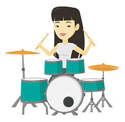 Image showing Woman playing on drum kit vector illustration.