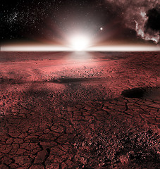 Image showing The abstract red landscape of Mars planet. Looks like cold desert on Mars. A huge field of ice