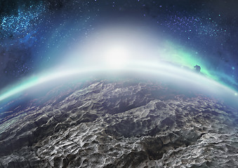 Image showing Extraterrestrial landscape of distant icy planet with nebulae