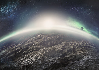 Image showing Extraterrestrial landscape of distant icy planet with nebulae