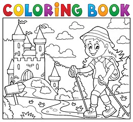 Image showing Coloring book woman hiker theme 2