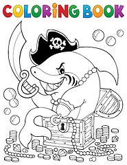 Image showing Coloring book pirate shark with treasure