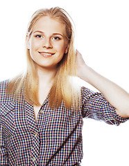 Image showing pretty young curly blond teenage girl hipster emotional posing happy smiling on white background, lifestyle people concept 