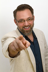 Image showing Bearded man is calling and gestures with his finger