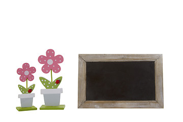 Image showing Beautiful flowers and blank blackboard