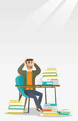 Image showing Student sitting at the table with piles of books.