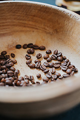 Image showing Coffee beans in wooden bowl