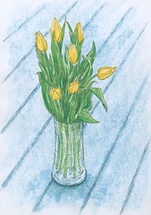 Image showing Still life with yellow tulip flowers in glass vase