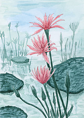 Image showing Fantasy red flowers over water surface with leaves and plants