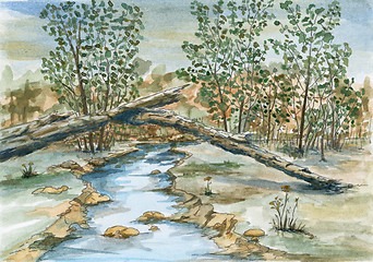 Image showing Landscape with pond and broken tree trunk