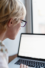 Image showing Back view of woman using laptop