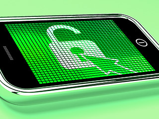 Image showing Unlocked Padlock Mobile Phone Shows Access Or Protected