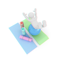 Image showing 3d man on a karemat with fitness ball. 3D illustration. Anaglyph