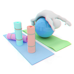 Image showing 3d man on a karemat with fitness ball. 3D illustration. Anaglyph