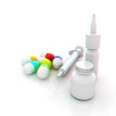 Image showing Syringe, tablet, pill jar. 3D illustration. Anaglyph. View with 