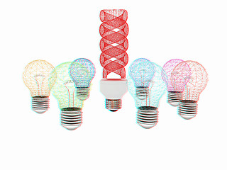 Image showing energy-saving lamps. 3D illustration. Anaglyph. View with red/cy