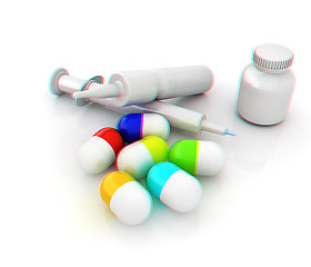 Image showing Syringe, tablet, pill jar. 3D illustration. Anaglyph. View with 